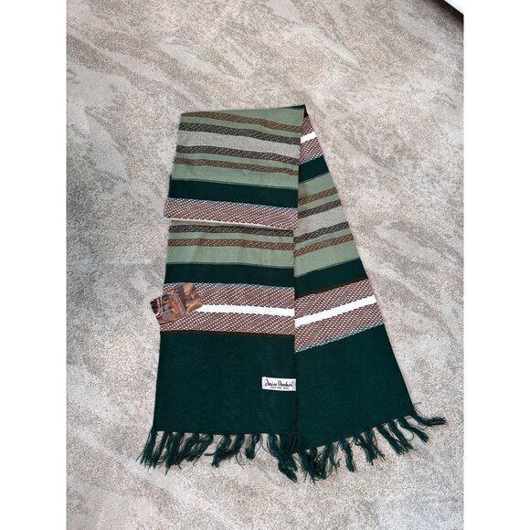 Jain Amber Woven 100% Fine Wool Striped Scarf Fringe Design In Green & Brown NWT - Picture 1 of 3